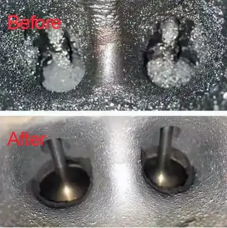 Walnut Blasting Before and After Engine inlet valves before and after walnut blasting, showing heavy carbon build-up above and clean valves below.