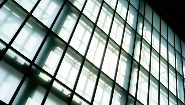 Translucent Atrium Glass Panels Sunlight filters through rectangular translucent atrium glass panels, with dark metal framing and structural shadows.
