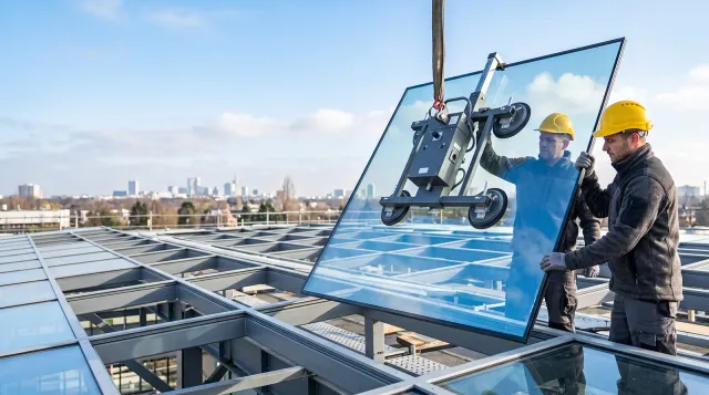 Atrium Roof Glazing Installation Two workers guide a large glass roof panel into position using a crane-mounted suction lifter.