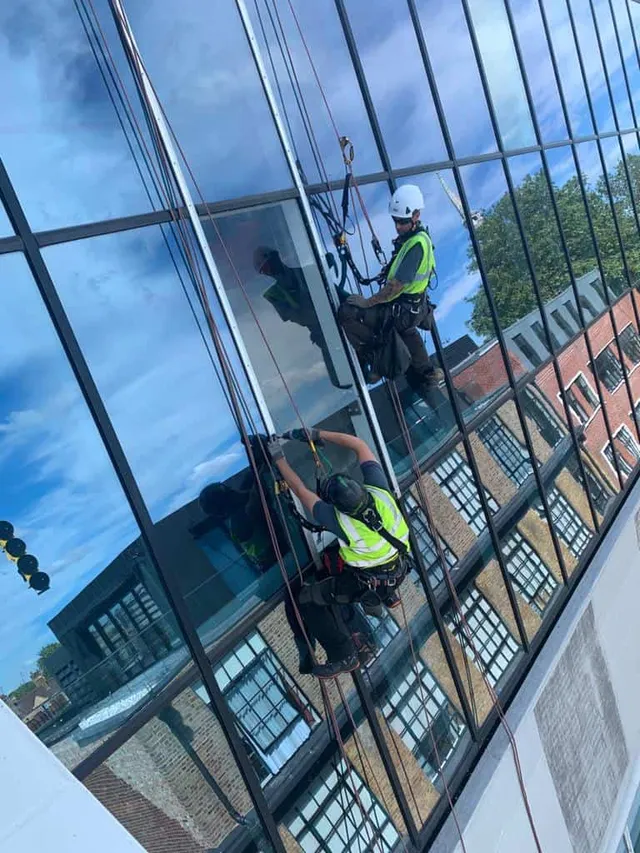 Using ropes to access glazing for emergency repairs